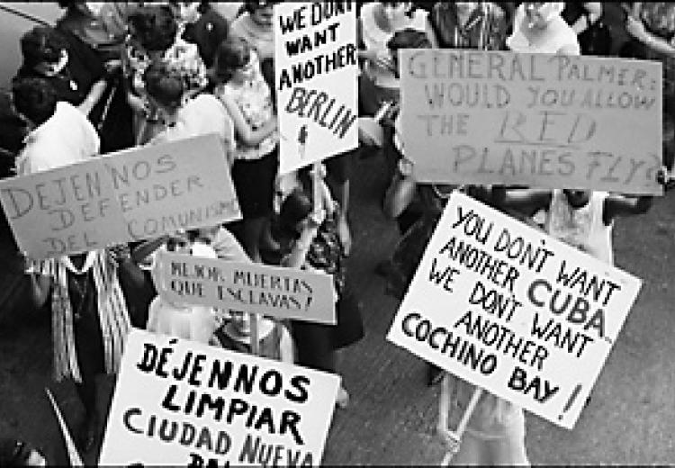 Women marchers and signs in front of Ambassador Hotel, Santo Domingo, Dominican Republic, 1965.