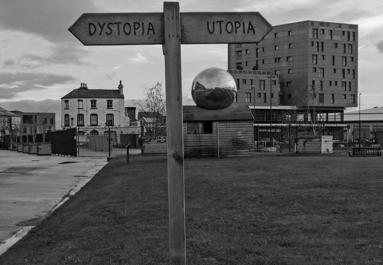 Dystopia /Utopia sign in Brewery Green, Leeds.