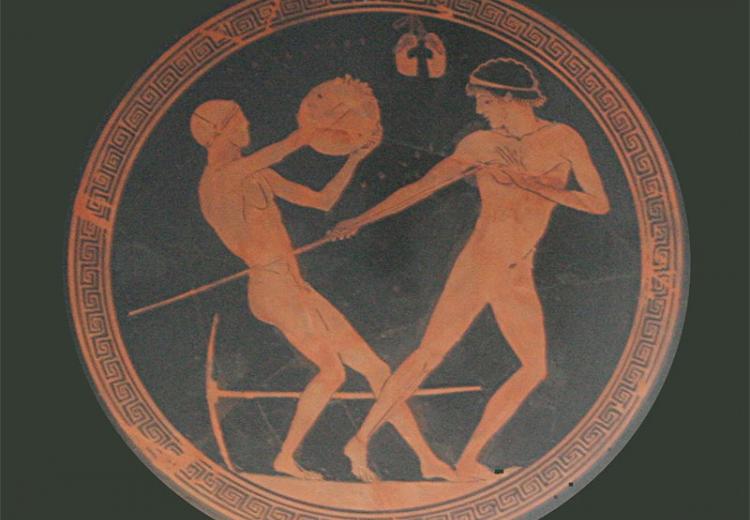 The three most important disciplines of the pentathlon: diskus, javelin and jumping weights in background.