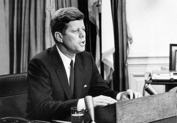 United States President John F. Kennedy addresses the nation on civil rights via television
