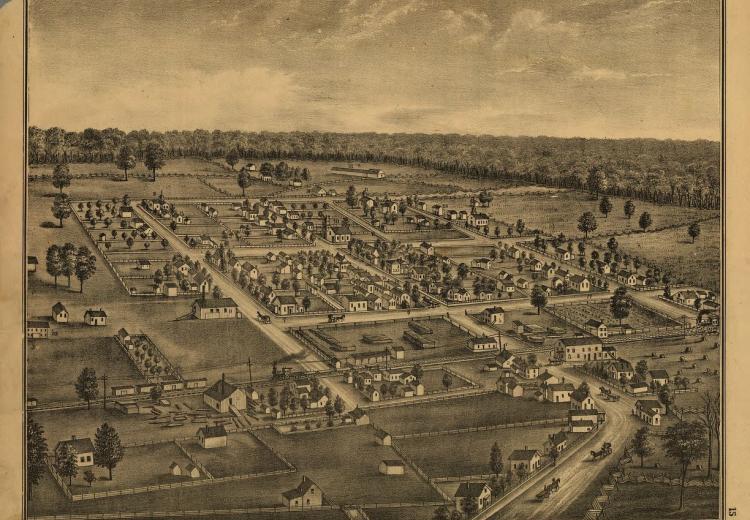 An 1875 map of Logan County, Ohio, showing community buildings and property ownership.
