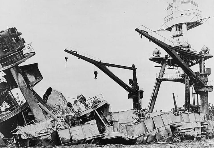 Wreckage of USS Arizona, Pearl Harbor, Hawaii, December 7, 1941