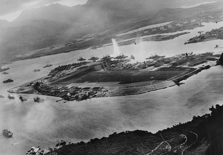 Photograph taken from a Japanese plane during the torpedo strike on ships after the beginning of the Pearl Harbor attack.