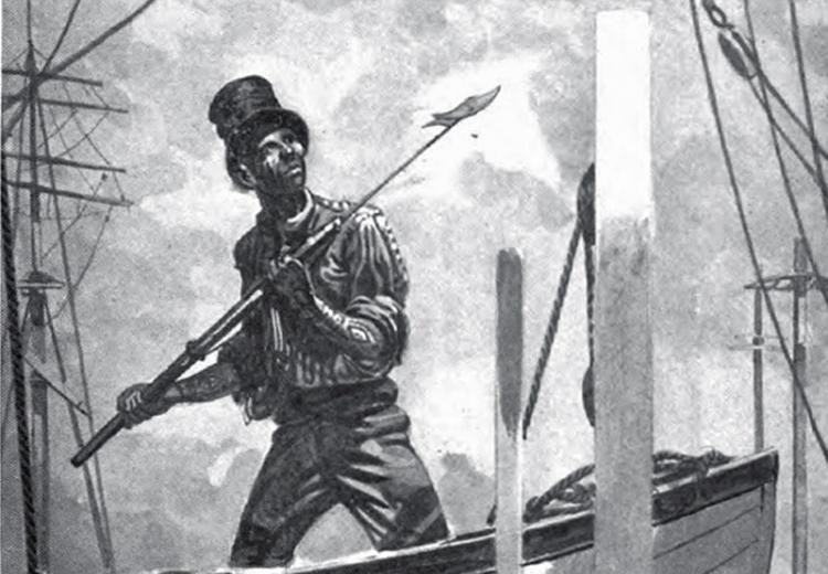 Illustration of Queequeg and his harpoon.