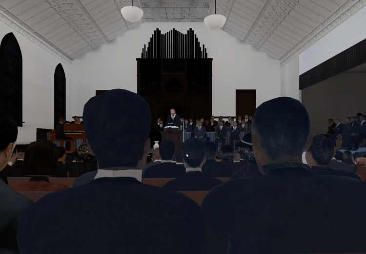 Rendering of audience watching Dr. Martin Luther King Jr. at the White Rock Baptist Church in Durham, North Carolina, February 16, 1960 